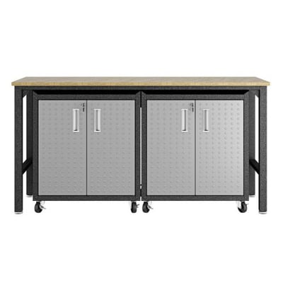 Manhattan Comfort 3-Piece Fortress Mobile Space-Saving Steel Garage Cabinet/Worktable 1.0, Grey