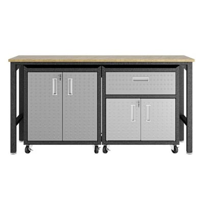 Manhattan Comfort 3-Piece Fortress Mobile Space-Saving Steel Garage Cabinet & Worktable 2.0, Grey