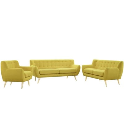 Modway EEI-1782-SUN-SET Remark Mid-Century Modern Upholstered Fabric Sofa, Loveseat, and Armchair 3-Piece Living Room Furniture Set Sunny