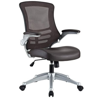Modway Attainment Mesh Back And Brown Vinyl Modern Office Chair With Flip-Up Arms - Ergonomic Desk And Computer Chair