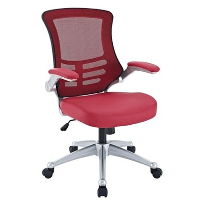 Modway Attainment Mesh Back And Red Vinyl Modern Office Chair With Flip-Up Arms - Ergonomic Desk And Computer Chair