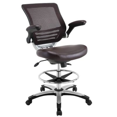 Modway Edge Drafting Chair In Brown Vinyl - Reception Desk Chair - Tall Office Chair For Adjustable Standing Desks - Flip-Up Arm Drafting Table Chair