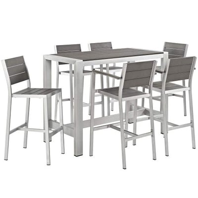 Modway Shore 7-Piece Aluminum Outdoor Patio Pub Bistro Set with Bar Stools in Silver Gray