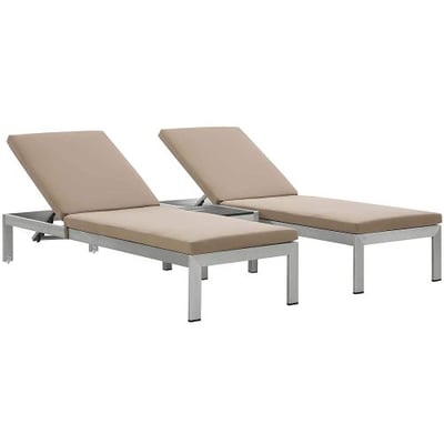 Modway Shore 3Piece Outdoor Patio Aluminum Chaise with Cushions in Silver Mocha