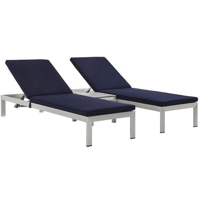 Modway Shore 3Piece Outdoor Patio Aluminum Chaise with Cushions in Silver Navy