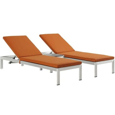 Modway Shore 3Piece Outdoor Patio Aluminum Chaise with Cushions in Silver Orange