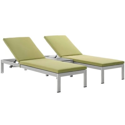 Modway Shore 3Piece Outdoor Patio Aluminum Chaise with Cushions in Silver Peridot