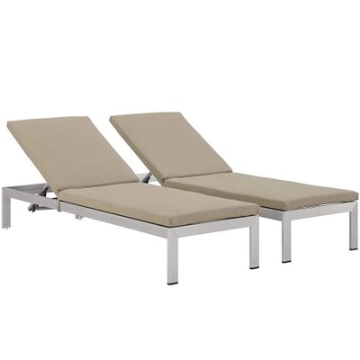 Modway Shore Set of 2 Outdoor Patio Aluminum Chaise with Cushions in Silver Beige