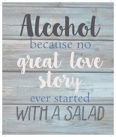 String Light Company Alcohol Because No Love Story Ever Started with A Salad-Wash Out Grey Background Wall Hanging, 10