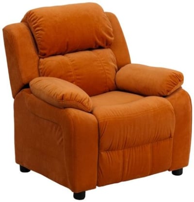Deluxe Heavily Padded Contemporary Orange Microfiber Kids Recliner Storage Arms