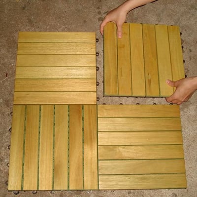 VIFAH V353 Interlocking Acacia Plantation Hardwood Deck Tile 6-Slat Design, 10-Pack, Natural Wood Finish, 12 by 12 by 1-Inch