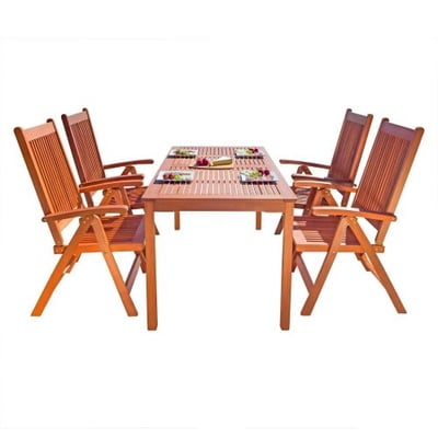 Vifah V98SET20 Outdoor 5-Foot Wood Rectangular Table with 4 Reclining Chairs