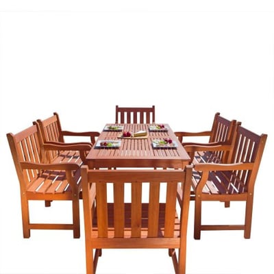 VIFAH V98SET26 Outdoor Seven-Piece Wood Dining Set with English Garden Rectangular Dining Table and 6 Armchairs