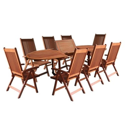 VIFAH V144SET2 Outdoor Wood 9-Piece Dining Set with Oval Extension Table, Natural Wood Finish, 91 by 39 by 29-Inch