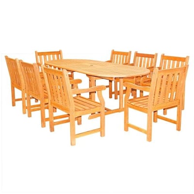 VIFAH V144SET3 Outdoor English Garden 9-Piece Dining Set with Oval Extension Table, Natural Wood Finish, 91 by 39 by 29-Inch