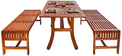 Malibu V189SET13  Eco-Friendly 3 Piece Wood Outdoor Dining Set with Curvy Table and Backless Benches