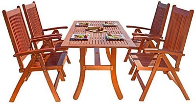 Malibu V189SET4 Eco-Friendly 5 Piece Wood Outdoor Dining Set with Curvy Table and Folding Armchairs