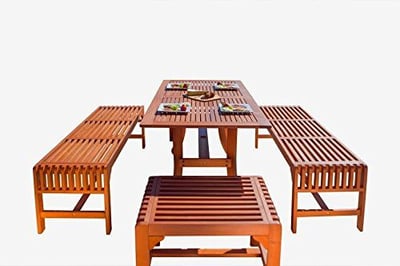Malibu V189SET12 Eco-Friendly  5 Piece Wood Outdoor Dining Set with Curvy Table and Backless Benches