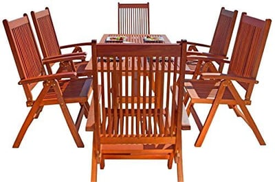 Malibu V189SET8 Eco-Friendly 7 Piece Wood Outdoor Dining Set with Curvy Table and Foldable Armchairs