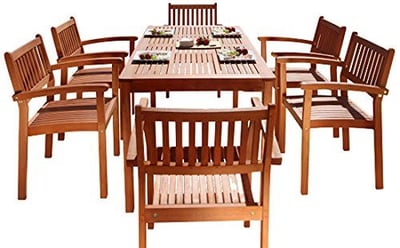 Malibu V98SET10 Eco-Friendly 7 Piece Wood Outdoor Dining Set with Stacking Dining Chairs