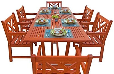 Malibu V232SET8 Eco-Friendly 7 Piece Wood Outdoor Dining Set with Rectangular Extension Table and Decorative Armchairs