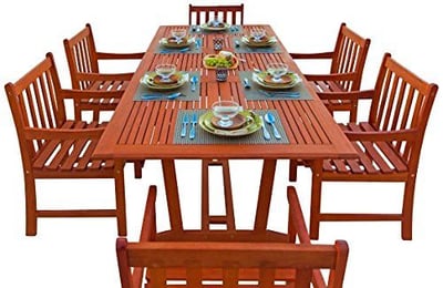 Malibu V232SET9 Eco-Friendly 7 Piece Wood Outdoor Dining Set with Rectangular Extension Table and Slatted Back Armchairs