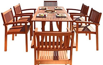 Malibu V187SET4 Eco-Friendly 7 Piece Wood Outdoor Dining Set  with Rectangular Curvy Table and Stacking Chairs