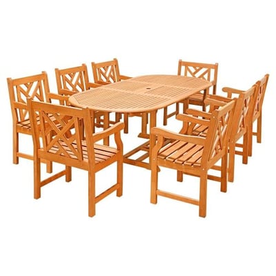 VIFAH V144SET24 9 Piece Outdoor Wood Dining Set with Oval Extension and Decorative Armchairs