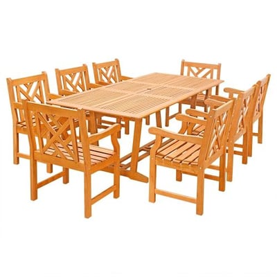 VIFAH V232SET32 9 Piece Outdoor Wood Dining Set with Oval Extension and Decorative Armchairs