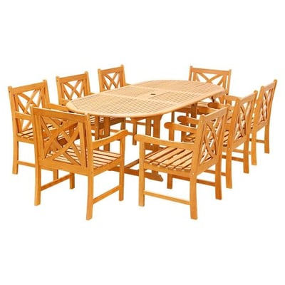 VIFAH V144SET25 9 Piece Outdoor Wood Dining Set with Oval Extension Table and Flower Back Armchairs