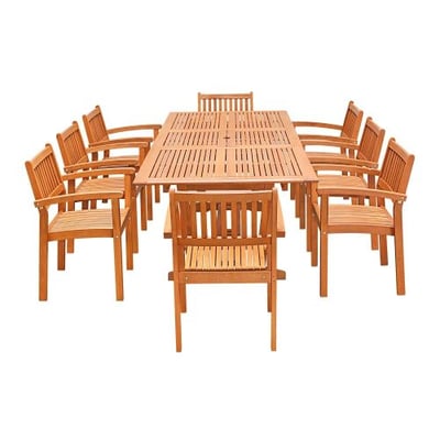 VIFAH V232SET33 9 Piece Outdoor Wood Dining Set with Rectangular Extension Table and Stacking Chairs