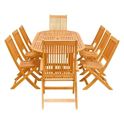 VIFAH V144SET26 9 Piece Outdoor Wood Dining Set with Oval Extension and Foldable Chairs