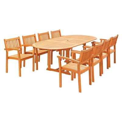 VIFAH V144SET28 9 Piece Outdoor Wood Dining Set with Oval Extension Table and Stacking Chairs