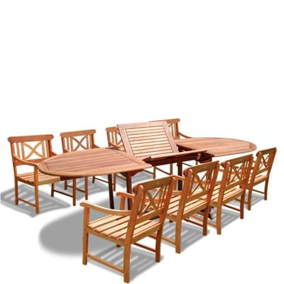 VIFAH V144SET18 Oval Extension Table and Wood Armchair Outdoor Dining Set