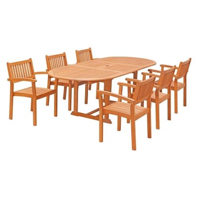 VIFAH V144SET30 7 Piece Outdoor Wood Dining Set with Oval Extension Table and Stacking Chairs