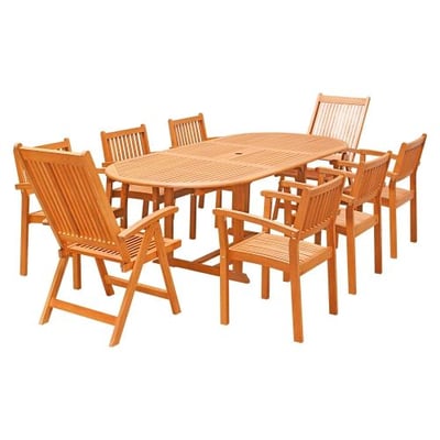 VIFAH V144SET31 9 Piece Outdoor Wood Dining Set with Extension, Folding Armchairs and Stacking Chairs