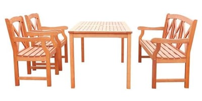 Vifah V98SET53 Malibu Eco-friendly 4-piece Outdoor Hardwood Dining Set with Rectangle Table 5-foot Bench and Arm Chairs