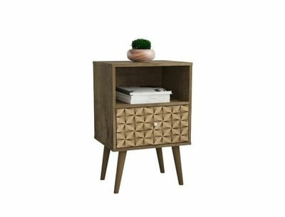 Manhattan Comfort Liberty Mid Century - Modern Nightstand 1.0 with 1 Cubby Space & 1 Drawer in Rustic Brown & 3D Brown Prints