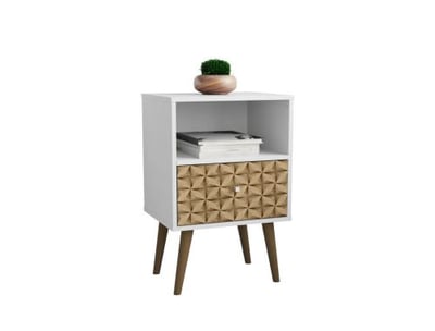 Manhattan Comfort Liberty Mid Century - Modern Nightstand 1.0 with 1 Cubby Space & 1 Drawer in White & 3D Brown Prints