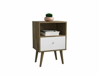 Manhattan Comfort Liberty Mid Century - Modern Nightstand 1.0 with 1 Cubby Space & 1 Drawer in Rustic Brown & White