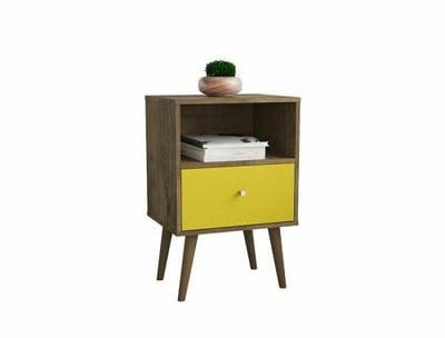 Manhattan Comfort  Liberty Mid Century - Modern Nightstand 1.0 with 1 Cubby Space & 1 Drawer in Rustic Brown & Yellow