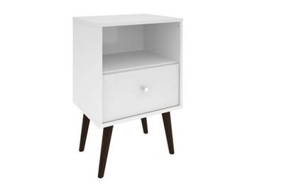 Manhattan Comfort Liberty Mid Century-Modern Nightstand 1.0 with 1 Cubby Space and 1 Drawer in White  with Solid Wood Legs