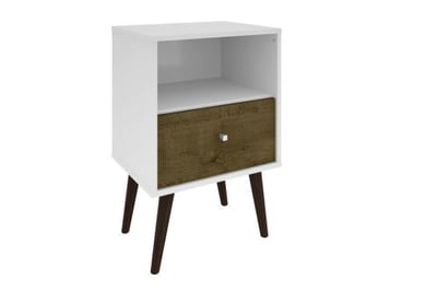 Manhattan Comfort Liberty Mid Century-Modern Nightstand 1.0 with 1 Cubby Space and 1 Drawer in White and Rustic Brown with Solid Wood Legs