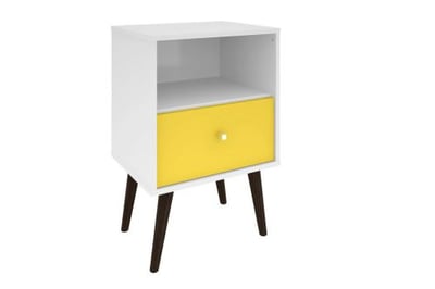 Manhattan Comfort Liberty Mid Century-Modern Nightstand 1.0 with 1 Cubby Space and 1 Drawer in White and Yellow with Solid Wood Legs