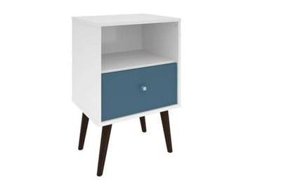Manhattan Comfort Liberty Mid Century-Modern Nightstand 1.0 with 1 Cubby Space and 1 Drawer in White and Aqua Blue with Solid Wood Legs
