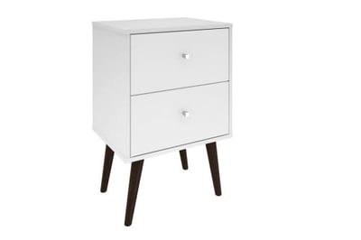 Manhattan Comfort Liberty Mid Century-Modern Nightstand 2.0 with 2 Full Extension Drawers in White with Solid Wood Legs