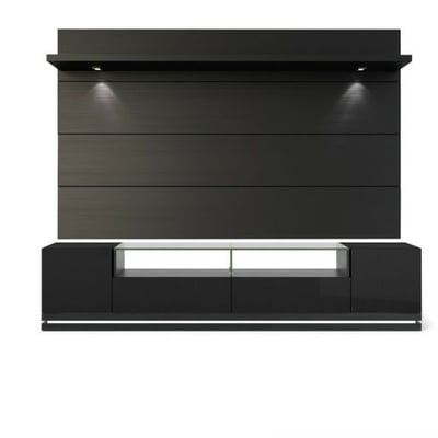 Manhattan Comfort Vanderbilt TV Stand and Cabrini 2.2 Floating Wall TV Panel with LED Lights in Black Gloss and Black Matte