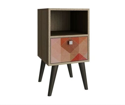 Manhattan Comfort Abisko Stylish Side Table with 1-Cubby and 1-Drawer in Oak and Colorful Stamp Door