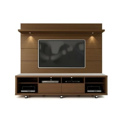 Manhattan Comfort Cabrini TV Stand and Floating Wall TV Panel with LED Lights 2.2 in Nut Brown