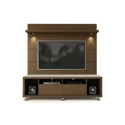 Manhattan Comfort Cabrini TV Stand and Floating Wall TV Panel with LED Lights 1.8 in Nut Brown